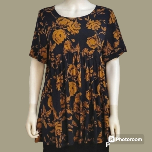 HONEYME Coquette Navy Blue Gold Rose Floral Babydoll Swing Blouse - Picture 1 of 6